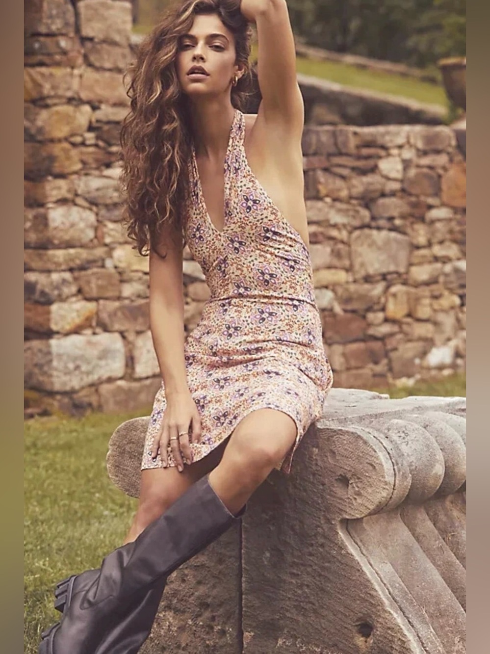 Free People Floral Halter Open Back Mini Dress Cream Purple XS NWT